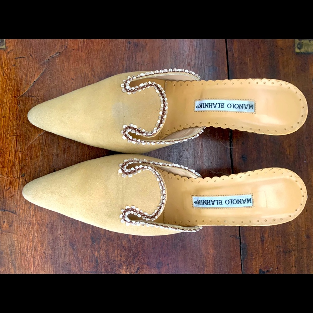 Manolo Blahnik Suede Mules, kitten heal with stitching and ribbon lining.